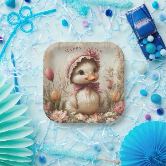 Eendeneendje Paasroze Hoed Tulpen Madeliefjes Papieren Bordje (Feest)