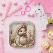 Eendeneendje Paasroze Hoed Tulpen Madeliefjes Papieren Bordje (Feest)