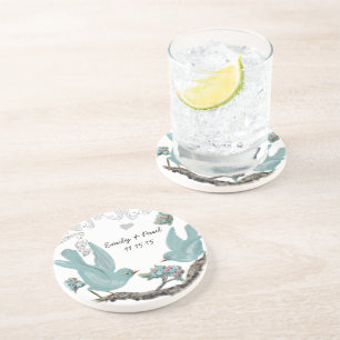 Eendenei Blauw & Roze Vintage Liefdesvogels Onderz Zandsteen Onderzetter