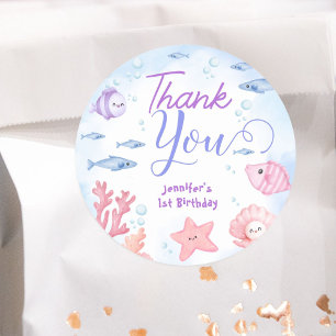 Eénder onder zee! Meisje Schattig Oceaan 1e Verjaa Ronde Sticker