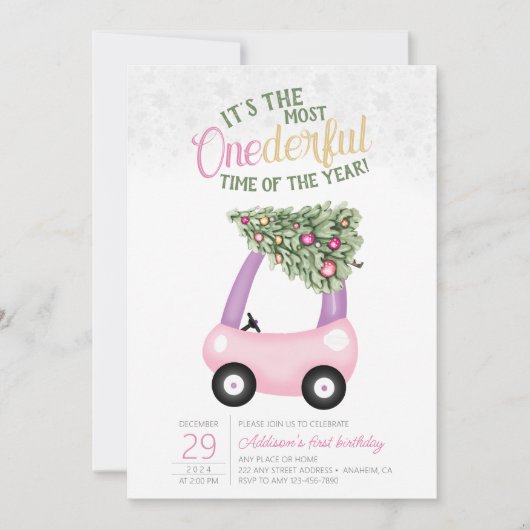 EENderful tijd van het jaar roze auto 1e verjaarda Kaart (Voorkant)