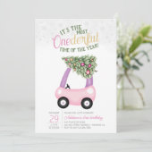 EENderful tijd van het jaar roze auto 1e verjaarda Kaart (Staand voorkant)