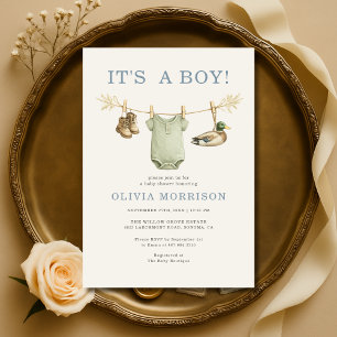 Eendjacht Het is een jongen Waslijn Baby Shower Kaart