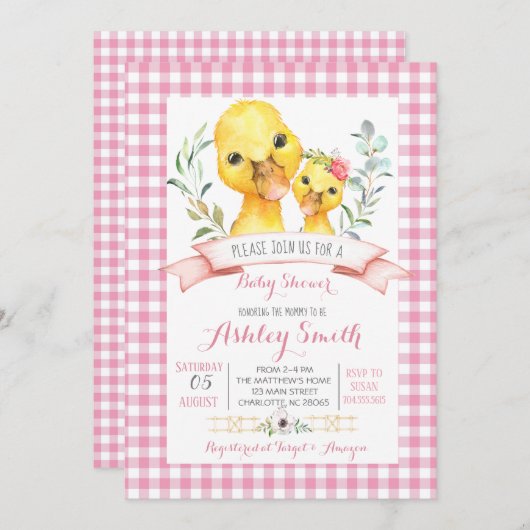 eendje boerderij baby shower uitnodiging roze meis (Voorkant / Achterkant)