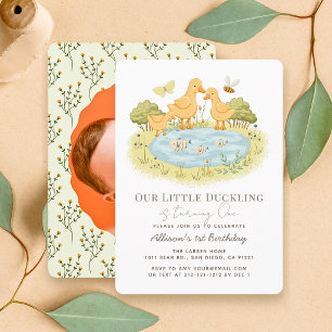 Eendje Eend Familie Vijver 1e Verjaardag Foto Kaart