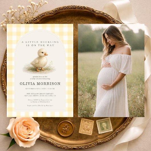 Eendje Gingham Foto Baby Shower Uitnodiging
