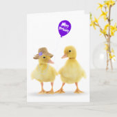 Eendjes en paarse ballon verjaardag kaart (Gele Bloem)