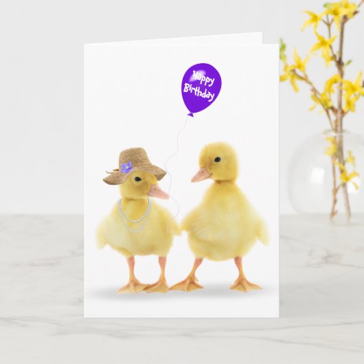 Eendjes en paarse ballon verjaardag kaart (Gele Bloem)