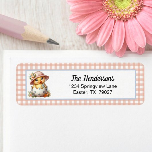 Eendkuiken in Paasei op Roze Gingham Plaid Etiket