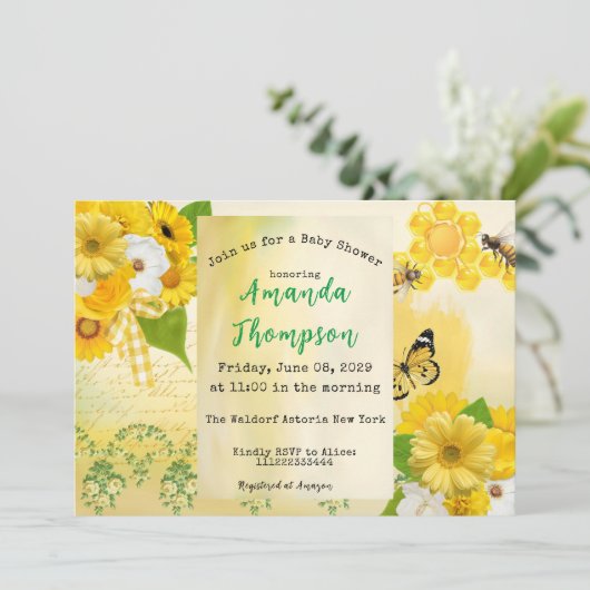 Eenduidig Baby shower van honinggele vlinder en bi Kaart (Staand voorkant)