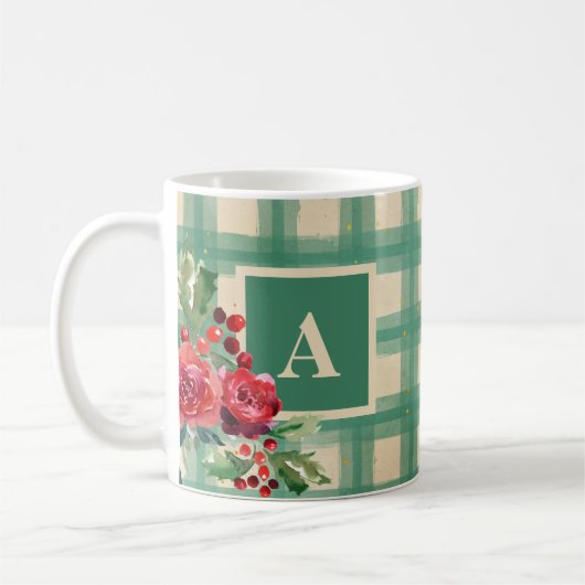 Eenduidig buffelpatroon xmas groen monogram koffiemok (Links)