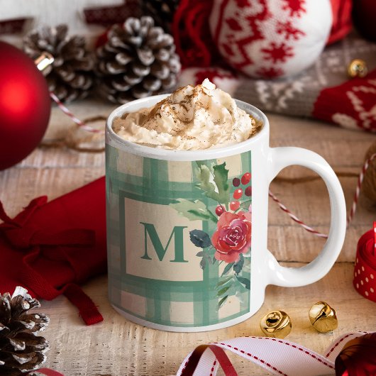 Eenduidig buffelpatroon xmas groen monogram koffiemok