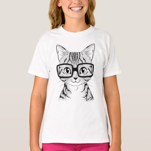 Eenduidig dikke nerdy Cat Girl's witte T-shirt (Voorkant)