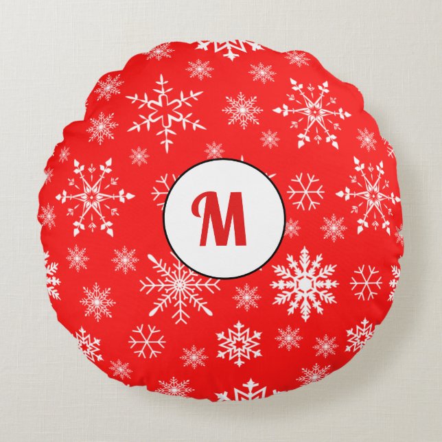 Eenduidig kerstcadeau voor haar monogram rood rond kussen (Voorkant)