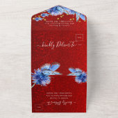 Eenduidig rood glitter Blue Butterflies Weddenscha All In One Uitnodiging (Buitenkant)