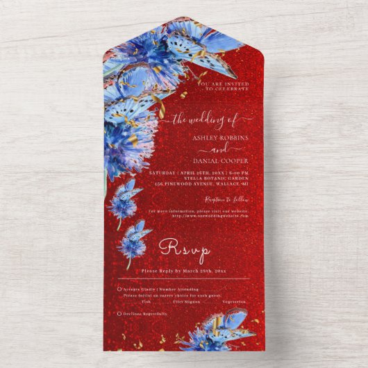 Eenduidig rood glitter Blue Butterflies Weddenscha All In One Uitnodiging (Binnen)