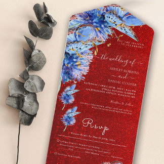Eenduidig rood glitter Blue Butterflies Weddenscha All In One Uitnodiging