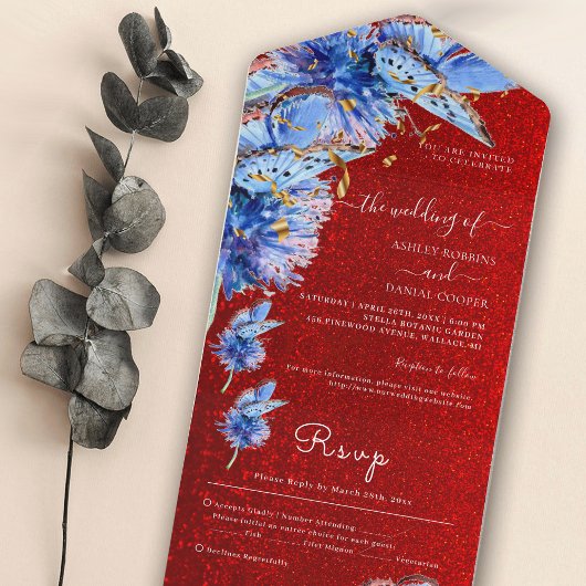 Eenduidig rood glitter Blue Butterflies Weddenscha All In One Uitnodiging