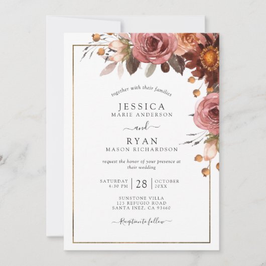 Eenduidig Roos, blush, Bourgogne Floral Weddenscha Kaart (Voorkant)