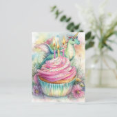 Eenduidige Draak Met Cupcake en Bloemen Briefkaart (Staand voorkant)