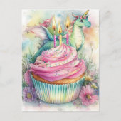 Eenduidige Draak Met Cupcake en Bloemen Briefkaart (Voorkant)