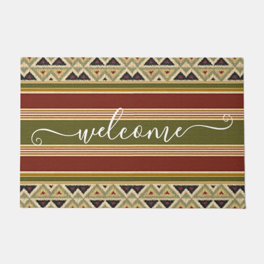 Eenduidige rode ochre Olive Green Ikat Stripes Wel Deurmat (Voorkant)