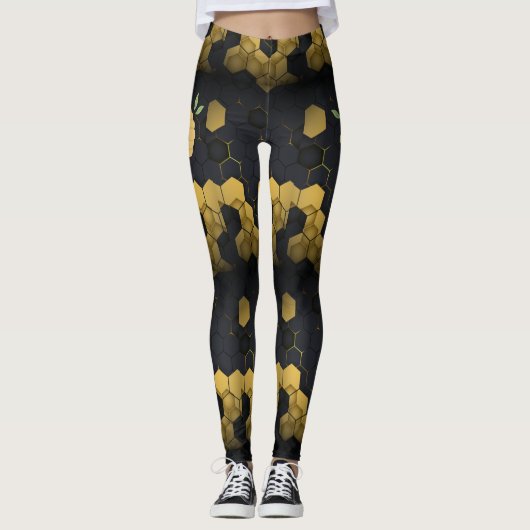 Eenduidige zwarte en goudhoningraat Bee Keeper Lov Leggings (Voorkant)