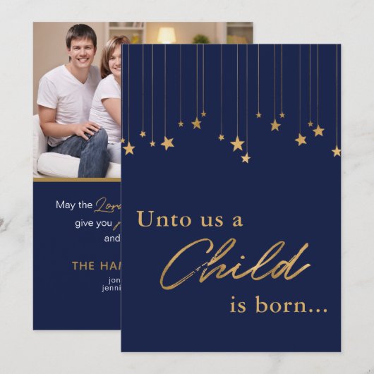 Eene Kind is ons Geboren Foto Schrift Blauw Feestdagenkaart (Voorkant / Achterkant)