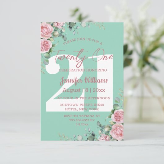 eenentwintig 21e verjaardag roze groene bloemrijke kaart (Staand voorkant)