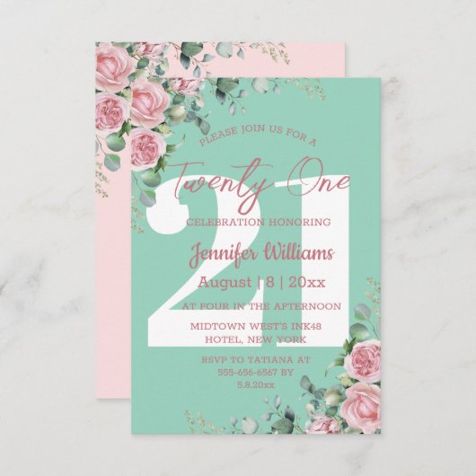 eenentwintig 21e verjaardag roze groene bloemrijke kaart (Voorkant / Achterkant)
