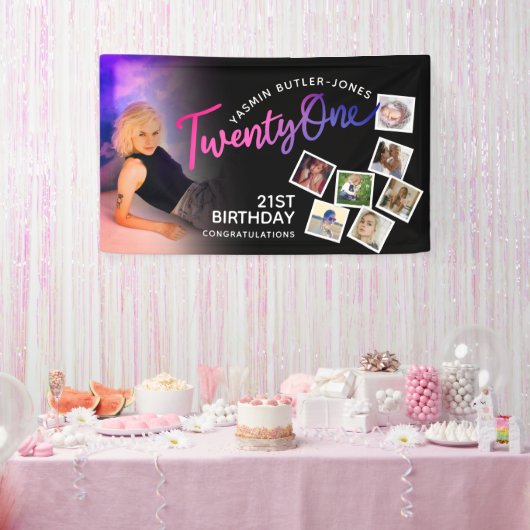 Eenentwintig 21ste Verjaardagsfoto paarse roze zwa Spandoek (Feest)