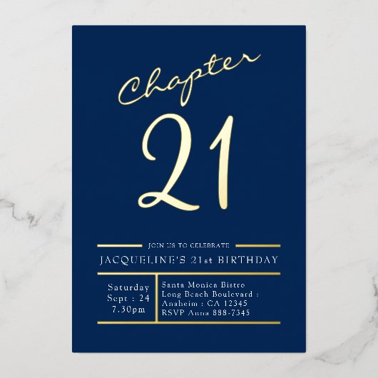 Eenentwintig blauwe goud 21e verjaardag Gold Folie Uitnodiging (Voorkant)