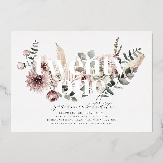 Eenentwintig bloemen - 21ste verjaardag - Zilver Folie Uitnodiging (Voorkant)