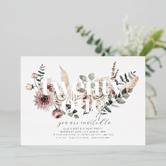 Eenentwintig bloemen - 21ste verjaardag - Zilver Folie Uitnodiging (Staand Voorkant)