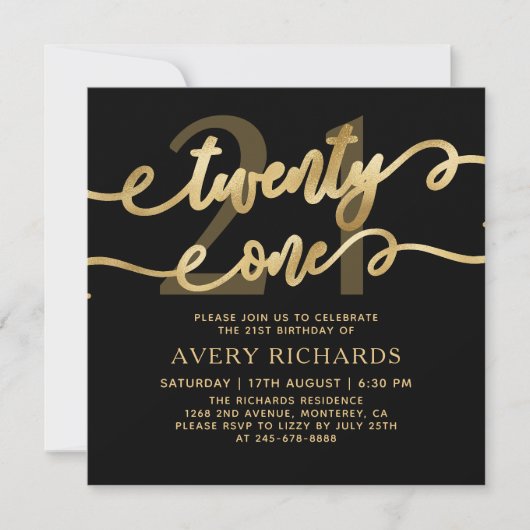 Eénentwintig Elegante Gouden Schrift Zwarte 21e Ve Kaart (Voorkant)