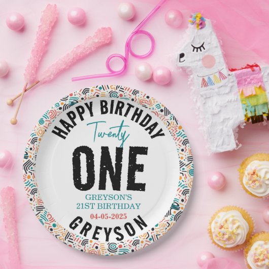 Eenentwintig | Kleurrijke geometrische 21e verjaar Papieren Bordje (Feest)