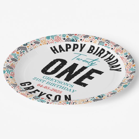 Eenentwintig | Kleurrijke geometrische 21e verjaar Papieren Bordje (Gekanteld)