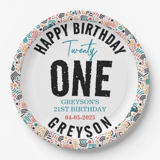 Eenentwintig | Kleurrijke geometrische 21e verjaar Papieren Bordje (Voorkant)