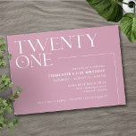 eenentwintig | Modern Dusty Roos Roze 21st Verjaar Kaart<br><div class="desc">Moderne uitnodigingen voor de 21e verjaardag met grote kop "eenentwintig" tekst in een accentlettertype. Off-center ontwerp op een vrouwelijke roze-paarse achtergrond.</div>