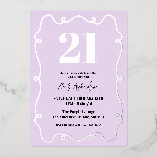 Eenentwintig Paarse elegante chique 21e verjaardag Folie Uitnodiging (Voorkant)