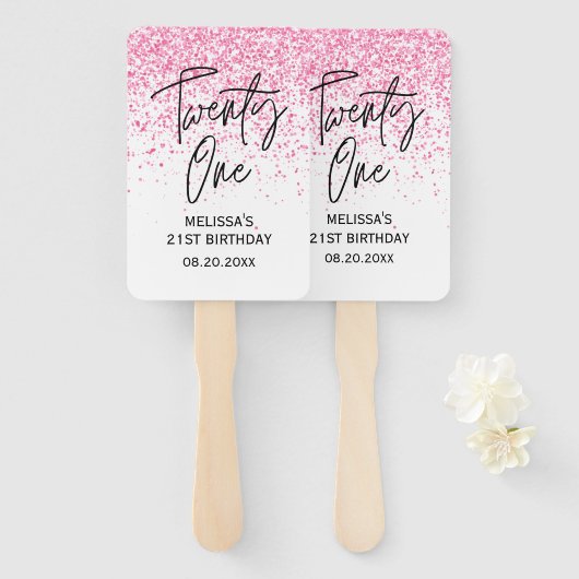 Eenentwintig sprankelende hete roze glitter verjaa handwaaier (Voorkant en achterkant)