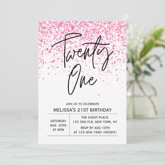 Eenentwintig sprankelende hete roze glitter verjaa kaart (Staand voorkant)