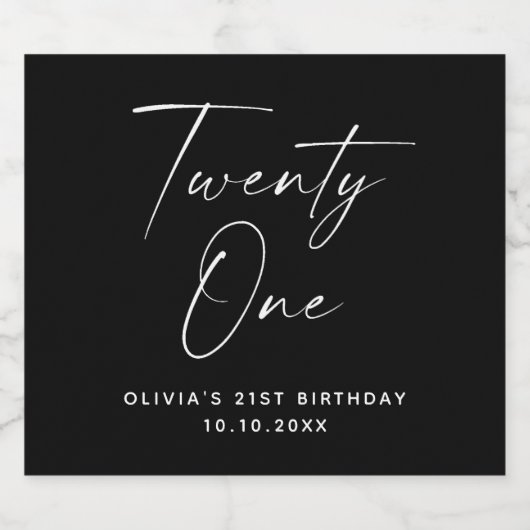 Eenentwintig. Zwart modern script 21e verjaardag Sparkling Wijnetiket (Enkel label)