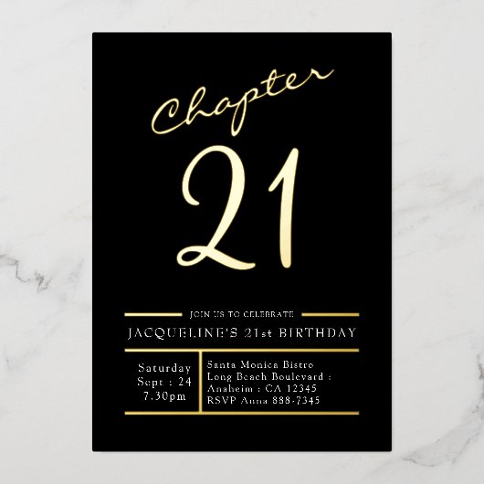Eenentwintig zwarte gouden 21ste verjaardag Gold Folie Uitnodiging (Voorkant)