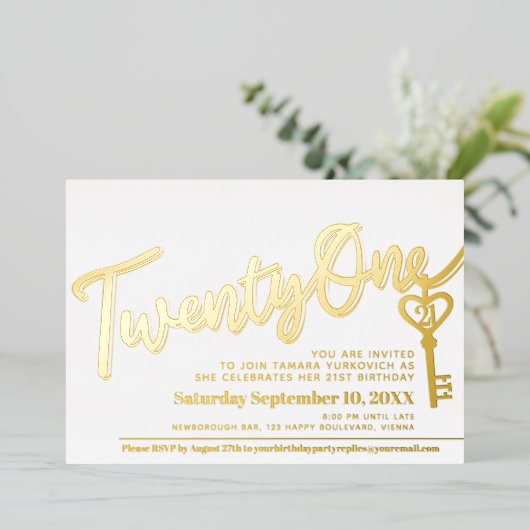 Eenentwintigste 21e verjaardag foto van gouden gou folie uitnodiging (Staand Voorkant)