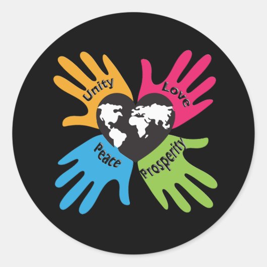Eenheid, liefde, vrede, welvaart ronde sticker (Voorkant)