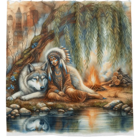 Eenheid van Indiaanse en wolf geest Douchegordijn (Voorkant)