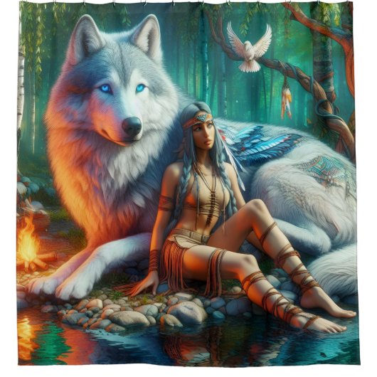 Eenheid van Indianen en majestueuze wolven Douchegordijn (Voorkant)