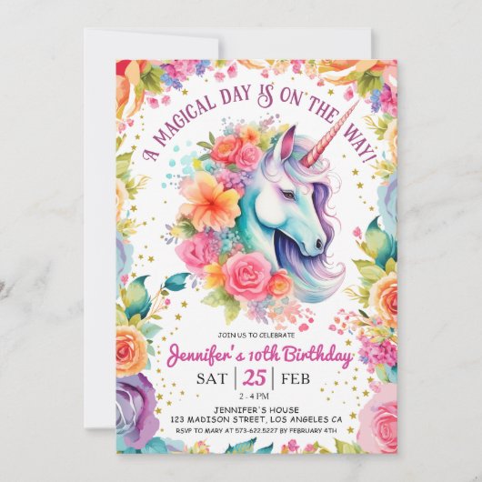 Eenhoorn 10e verjaardag Bloemen Regenboog en Sterr Kaart (Voorkant)