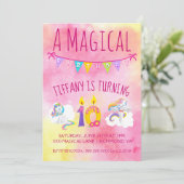 Eenhoorn 10e verjaardagsfeestje roze kaart (Staand voorkant)